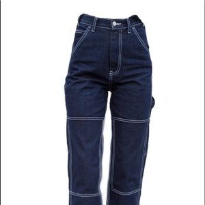Brandy Melville dark wash cargo jeans with white stitching